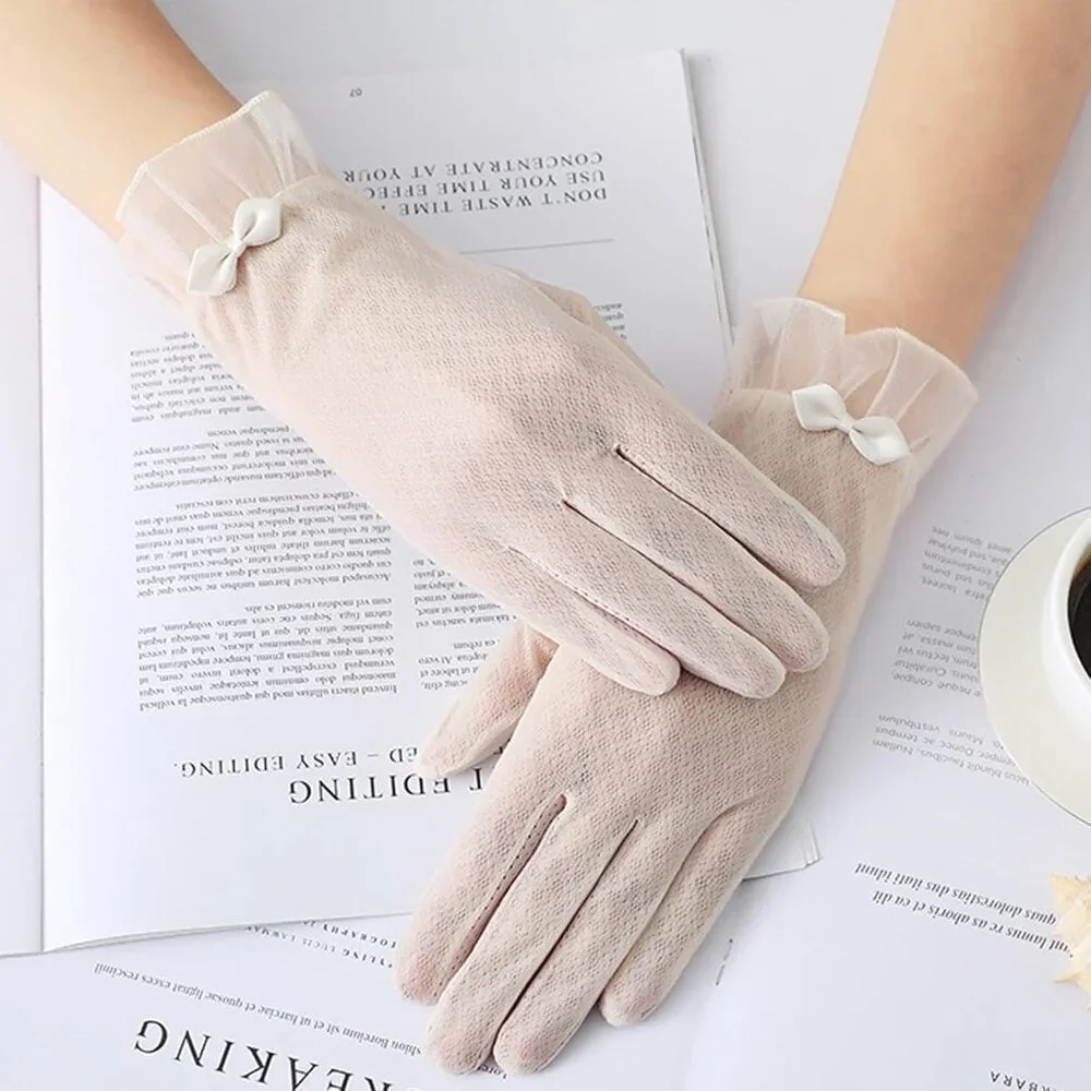 Women's Stylish Bow Short Lace Beige Gloves Fabric Design Summer Protection
